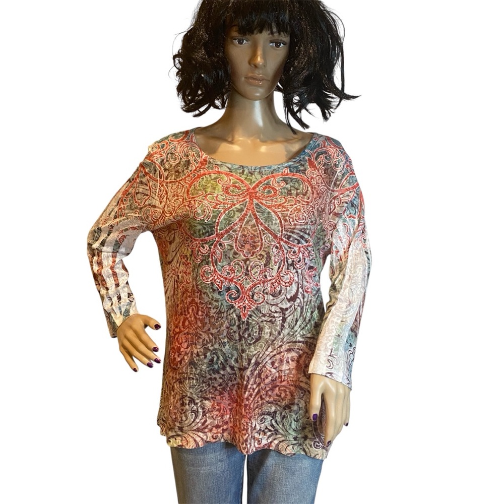 Reba 3/4 Sleeved Sparkly Shiny Sequins Bohemian Boho Top Shirt Size Large EUC
